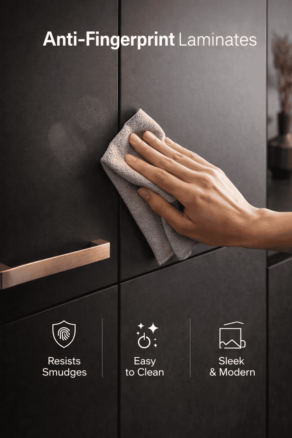 Anti-Fingerprint Laminates in ultra-matte finish resisting smudges for active kitchens