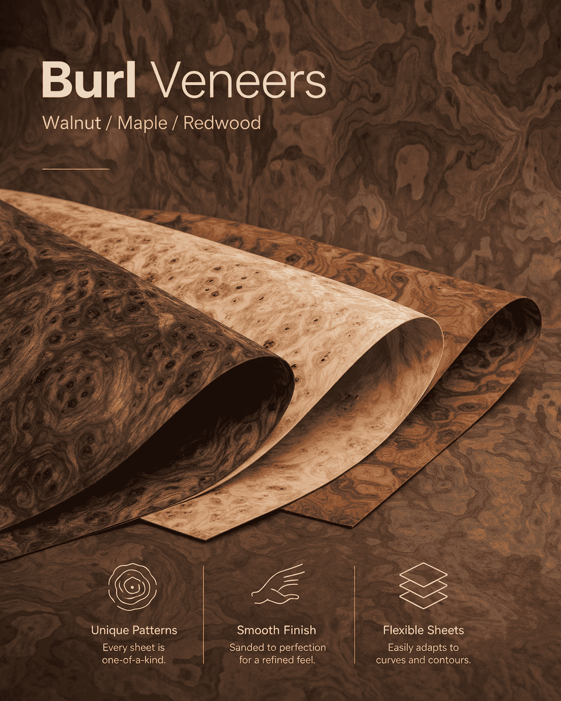 Burl Veneers - Walnut Burl, Maple Burl, and Redwood Burl with swirled irregular grain patterns for luxurious interiors