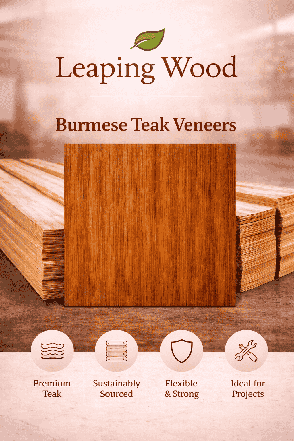 Burmese Teak premium hardwood with rich golden-brown finish - ideal for luxury furniture and high-end interiors