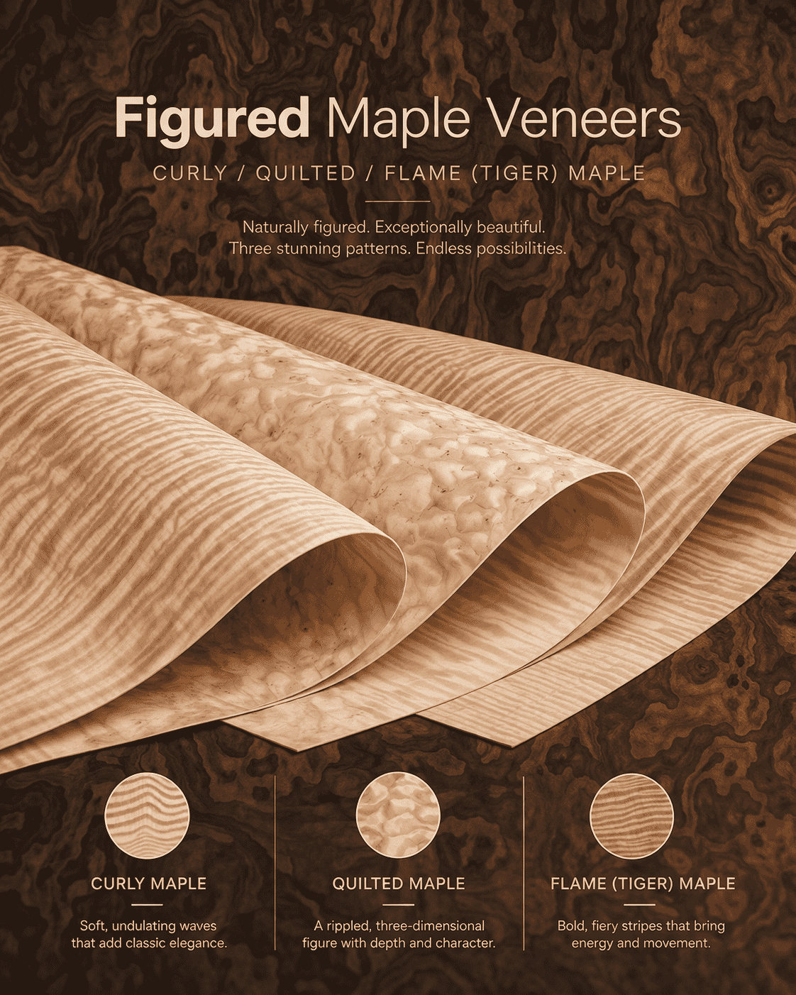 Figured Maple Veneers - Curly, Quilted, Flame, and Tiger Maple with wave-like patterns for high-end decorative surfaces