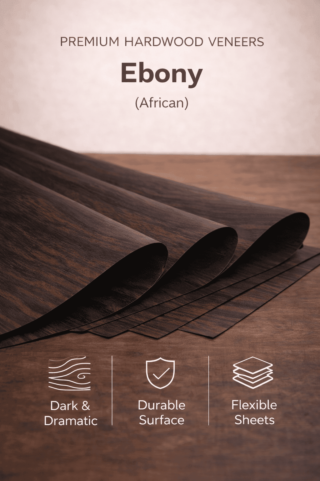 Ebony Veneer - African ebony with deep black tone and sleek finish for premium accents and luxury panels