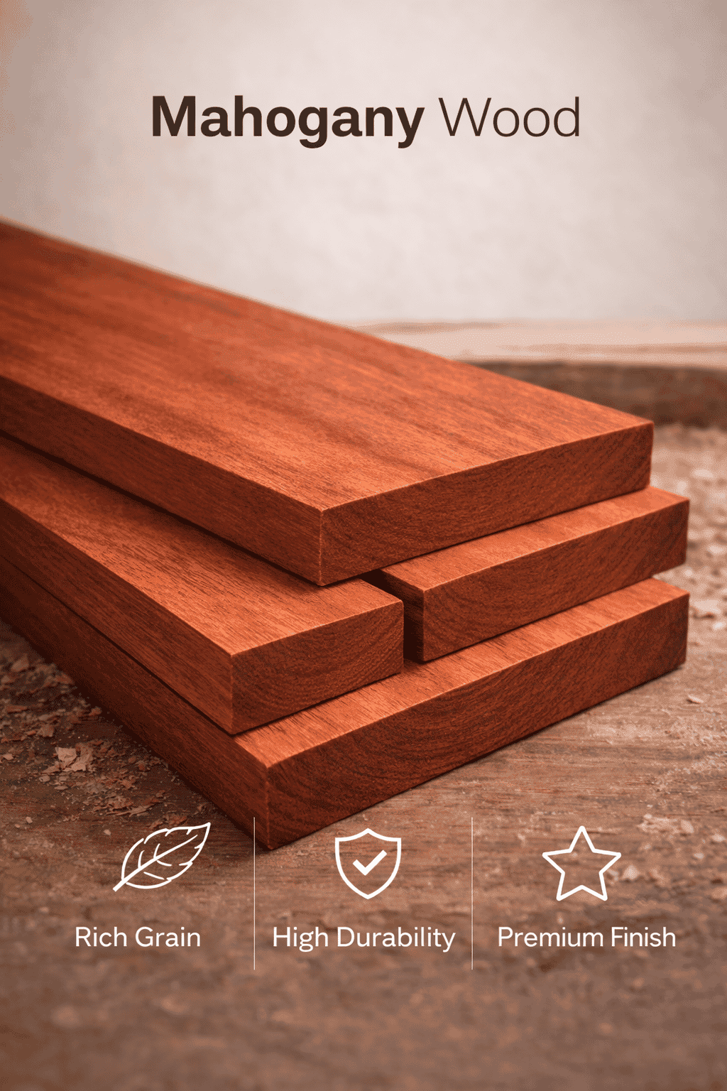 Mahogany Wood - dense durable timber with rich reddish-brown finish for luxury furniture and premium interiors