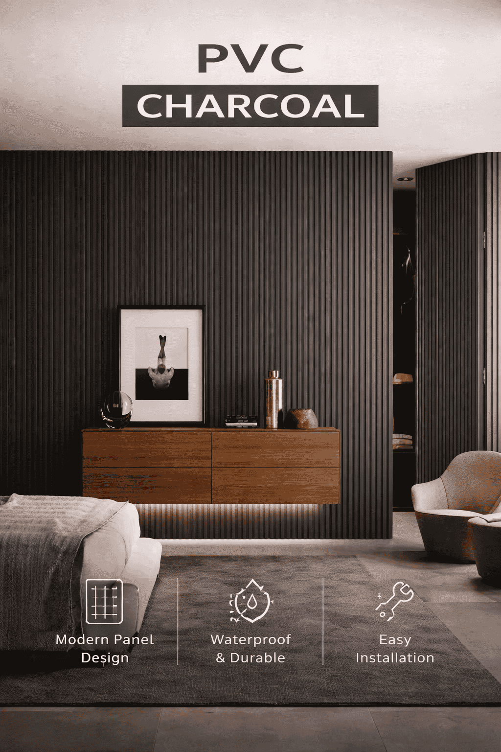 100% waterproof PVC Charcoal Panels for high-traffic areas and bathrooms