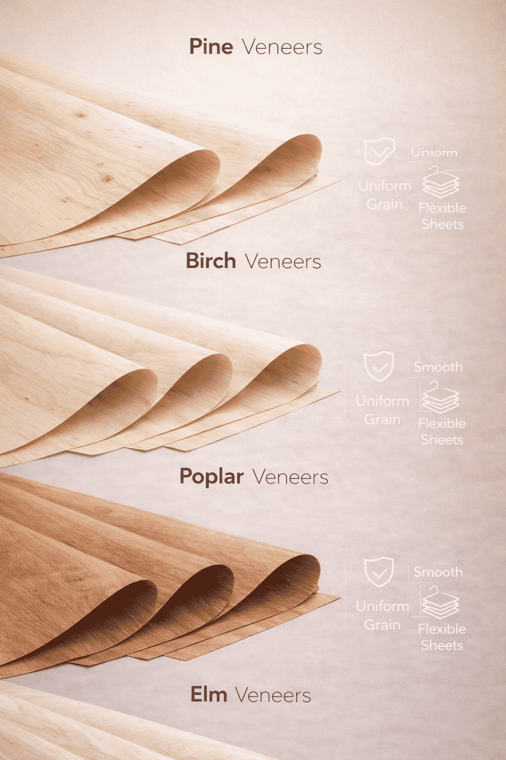Classic Hardwood Veneers - Pine, Birch, Poplar, Elm, and Sycamore with lighter tones for versatile furniture and panels