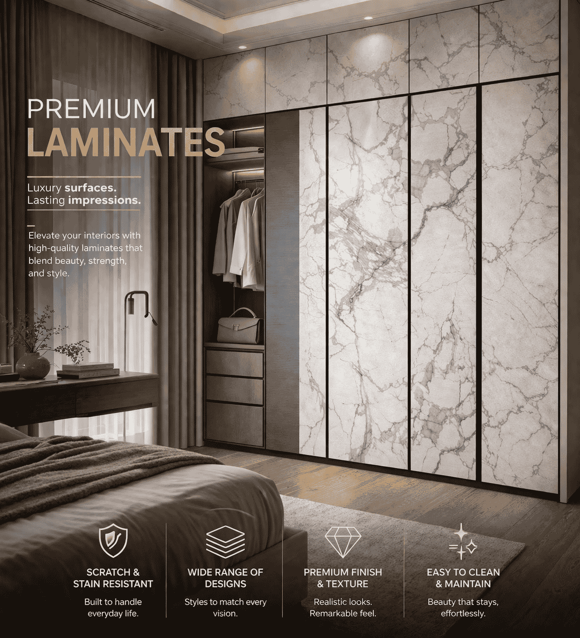 Premium Laminates with metallic accents and deep textures for luxury interior styling