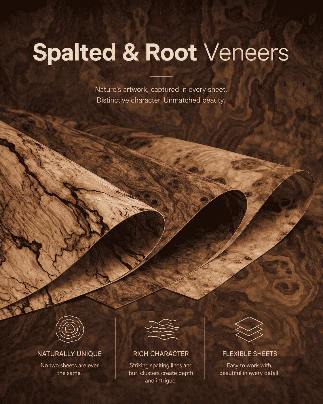 Spalted and Root Veneers with naturally formed artistic textures for unique furniture and design highlights