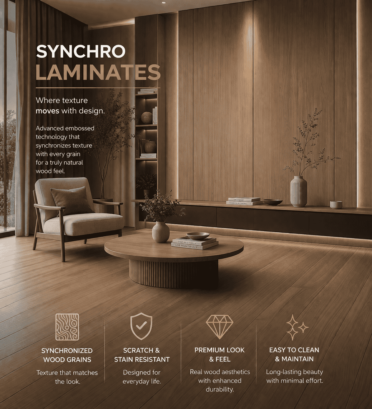 Synchro Laminates featuring synchronized textures matching visual wood grain for executive desks