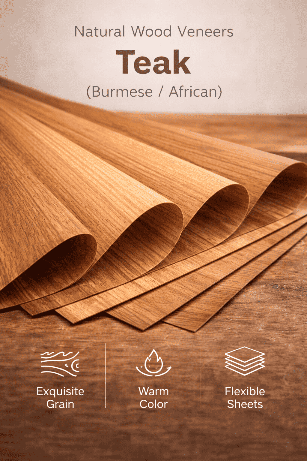 Teak Veneers - Burmese and African teak wood veneers with rich grain and natural moisture resistance