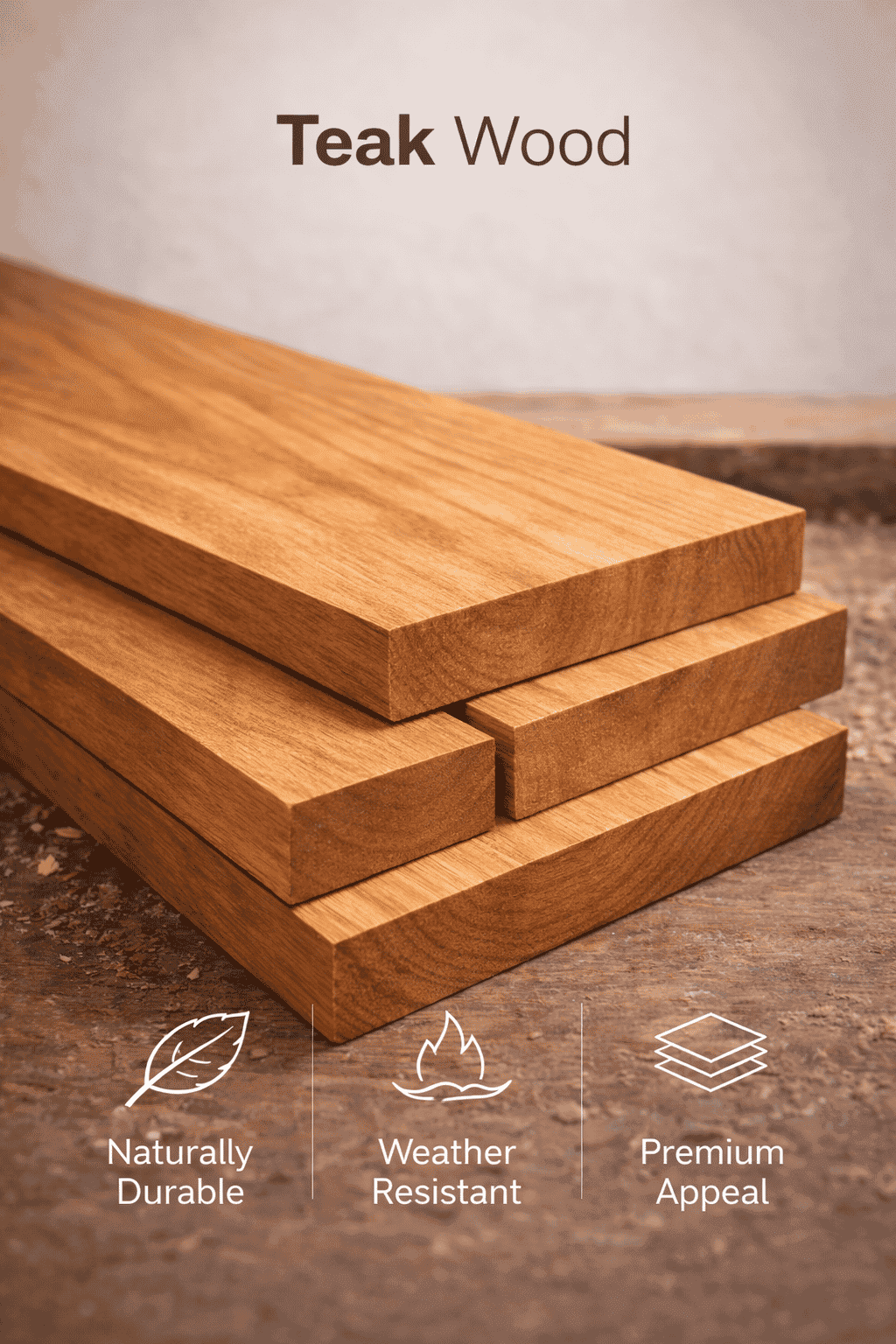 Teak Wood - highly durable hardwood naturally resistant to moisture and termites for premium furniture and high-use areas
