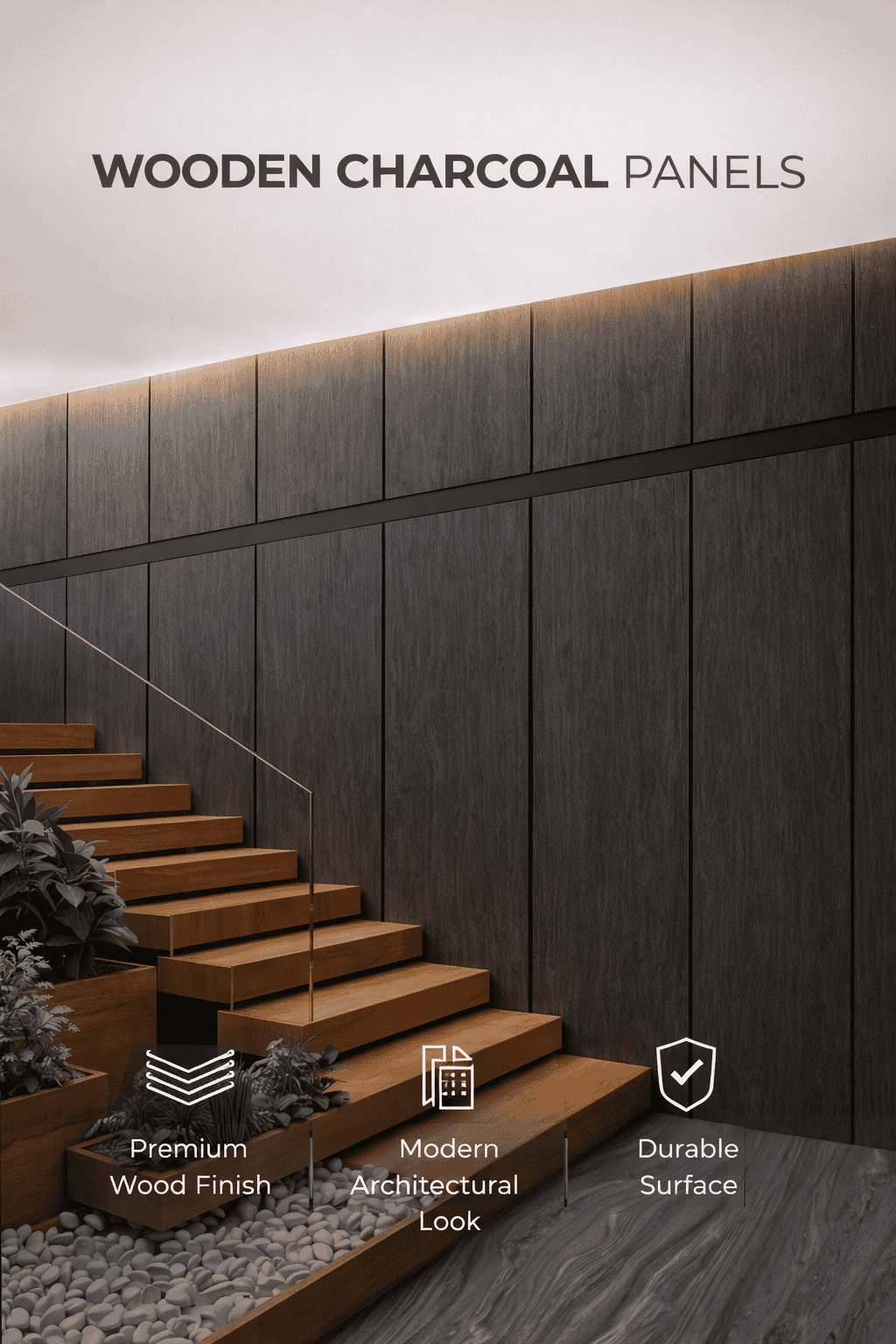 Wooden Charcoal Panels adding 3D architectural depth to feature walls